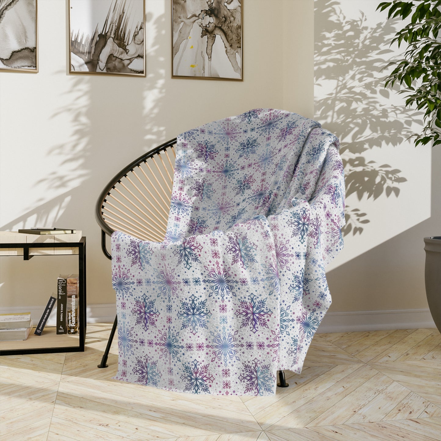 Velveteen Microfiber Blanket - Watercolor Snowflake Design by Anndria - Blue, Pink and Purple