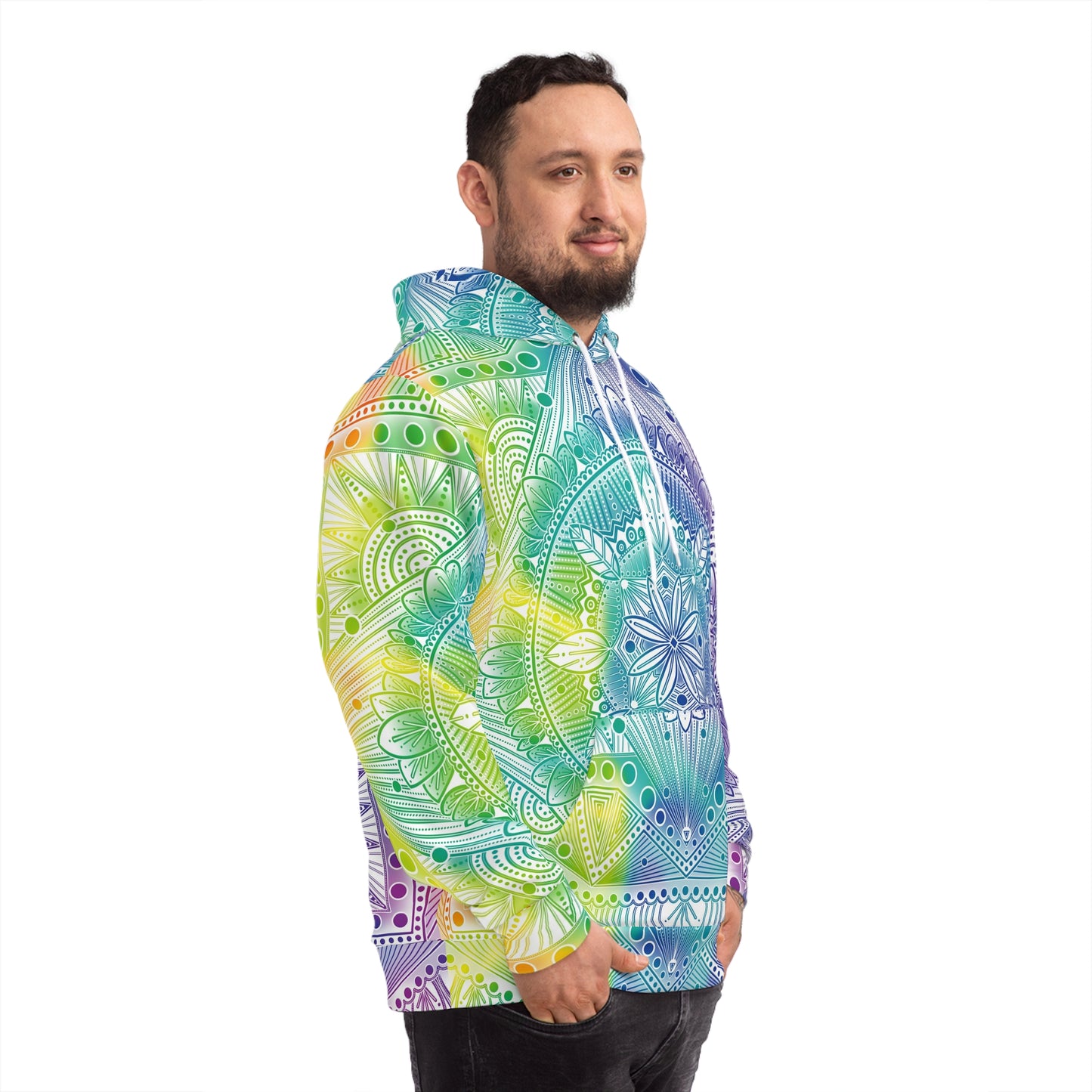 Mandala Hoodie, Holographic Rainbow Psychedelic Artwork by Anndria, Festival Fashion, Colorful Sweatshirt, Boho Clothing, Trippy Hooded Top,
