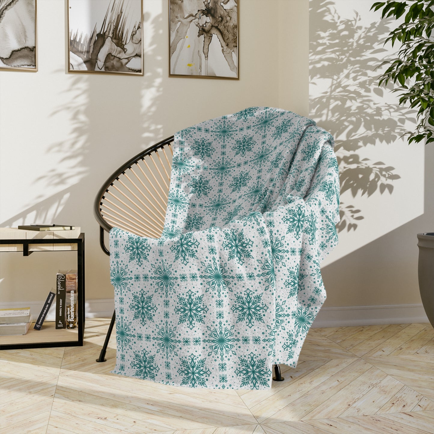Velveteen Microfiber Blanket - Watercolor Snowflake Design by Anndria - Teal and White