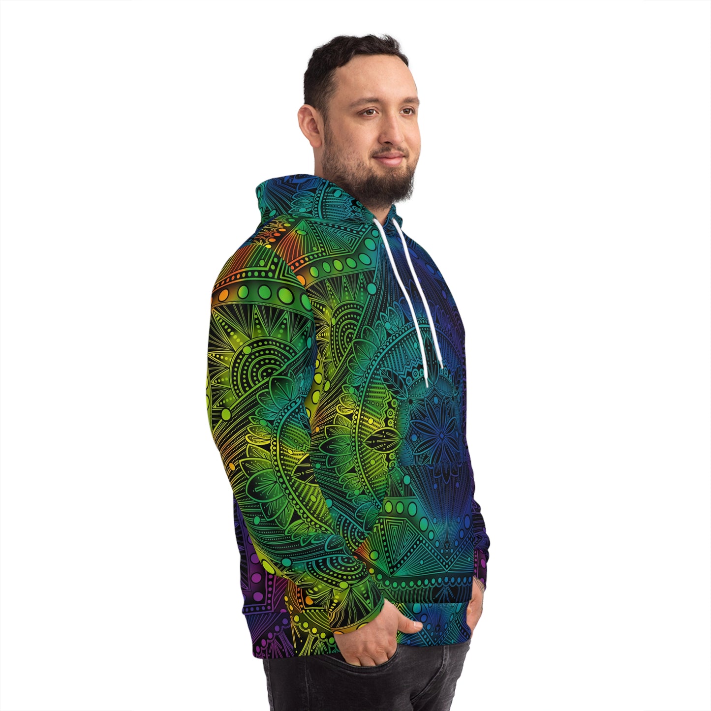 Mandala Hoodie, Holographic Rainbow Psychedelic Artwork by Anndria, Festival Fashion, Colorful Sweatshirt, Boho Clothing, Trippy Hooded Top,
