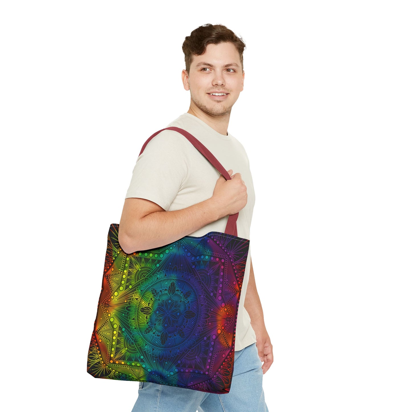 Holographic Mandala Tote Bag - Rainbow Custom Design by Anndria, Unique Shoulder Handbag for Women, Colorful Beach Carryall, Boho Shopping