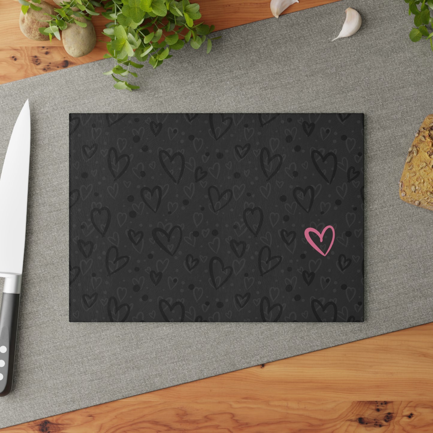 Cutting Board - Black Monochrome Heart Pattern with Pink Heart, Hand Drawn Design by Anndria, Millennial Gray Kitchen Decor