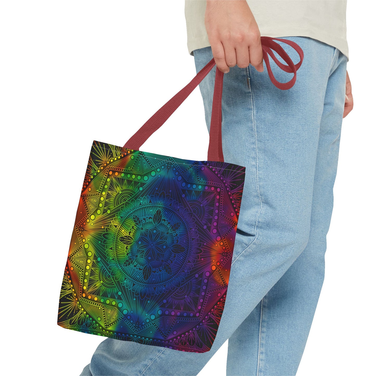 Holographic Mandala Tote Bag - Rainbow Custom Design by Anndria, Unique Shoulder Handbag for Women, Colorful Beach Carryall, Boho Shopping