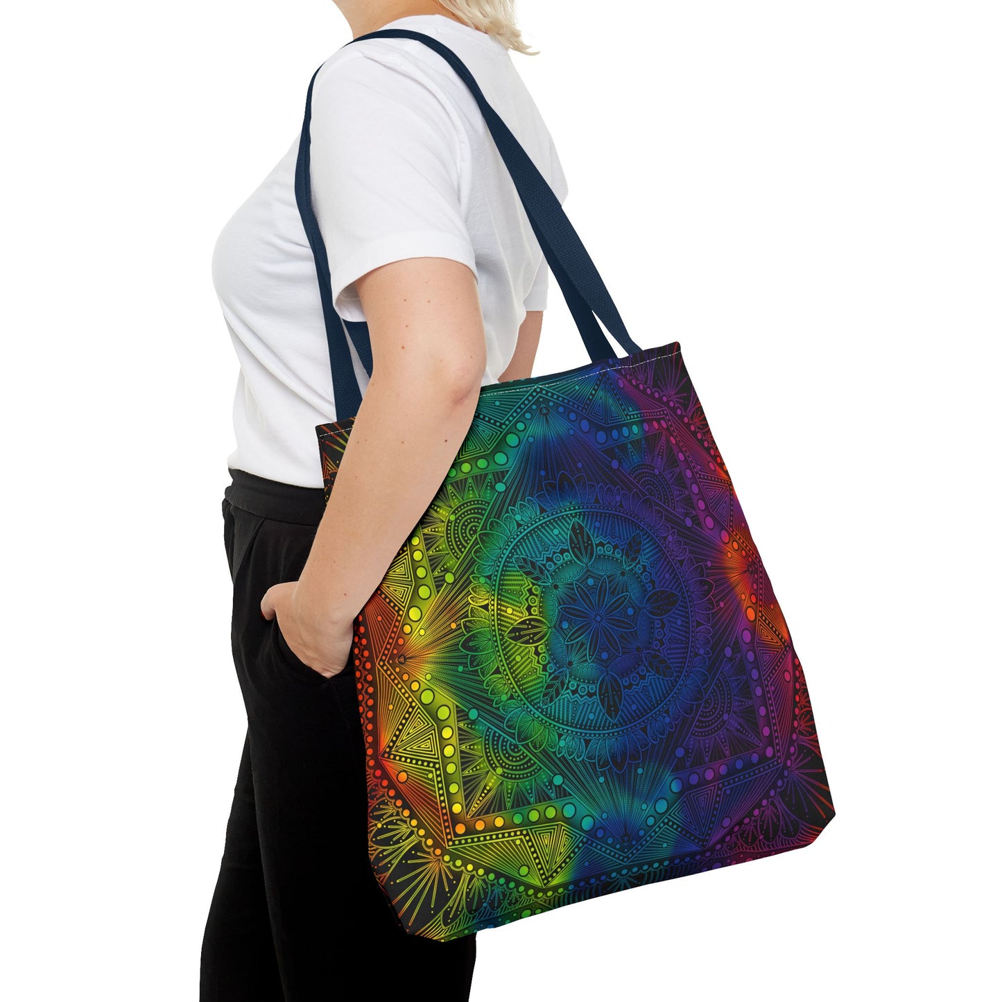Holographic Mandala Tote Bag - Rainbow Custom Design by Anndria, Unique Shoulder Handbag for Women, Colorful Beach Carryall, Boho Shopping