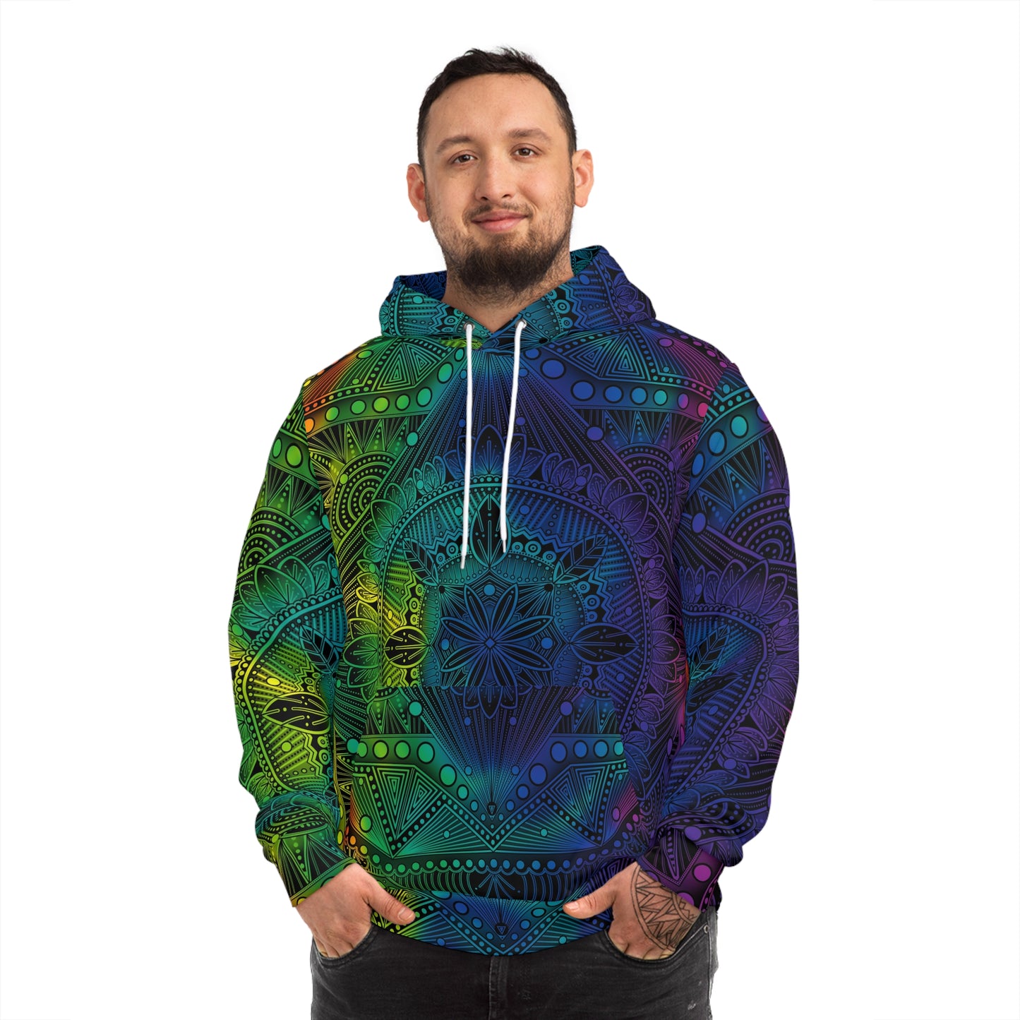 Mandala Hoodie, Holographic Rainbow Psychedelic Artwork by Anndria, Festival Fashion, Colorful Sweatshirt, Boho Clothing, Trippy Hooded Top,