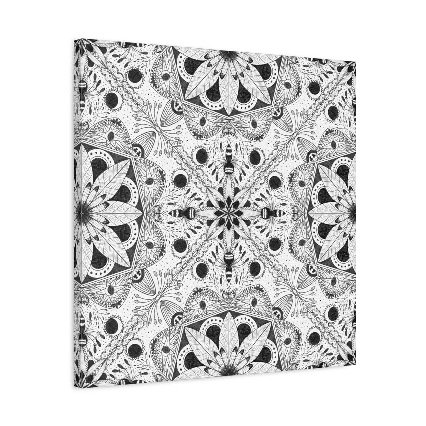 Black and White Floral Pattern Canvas Wall Art - Witchy Moth and Moons