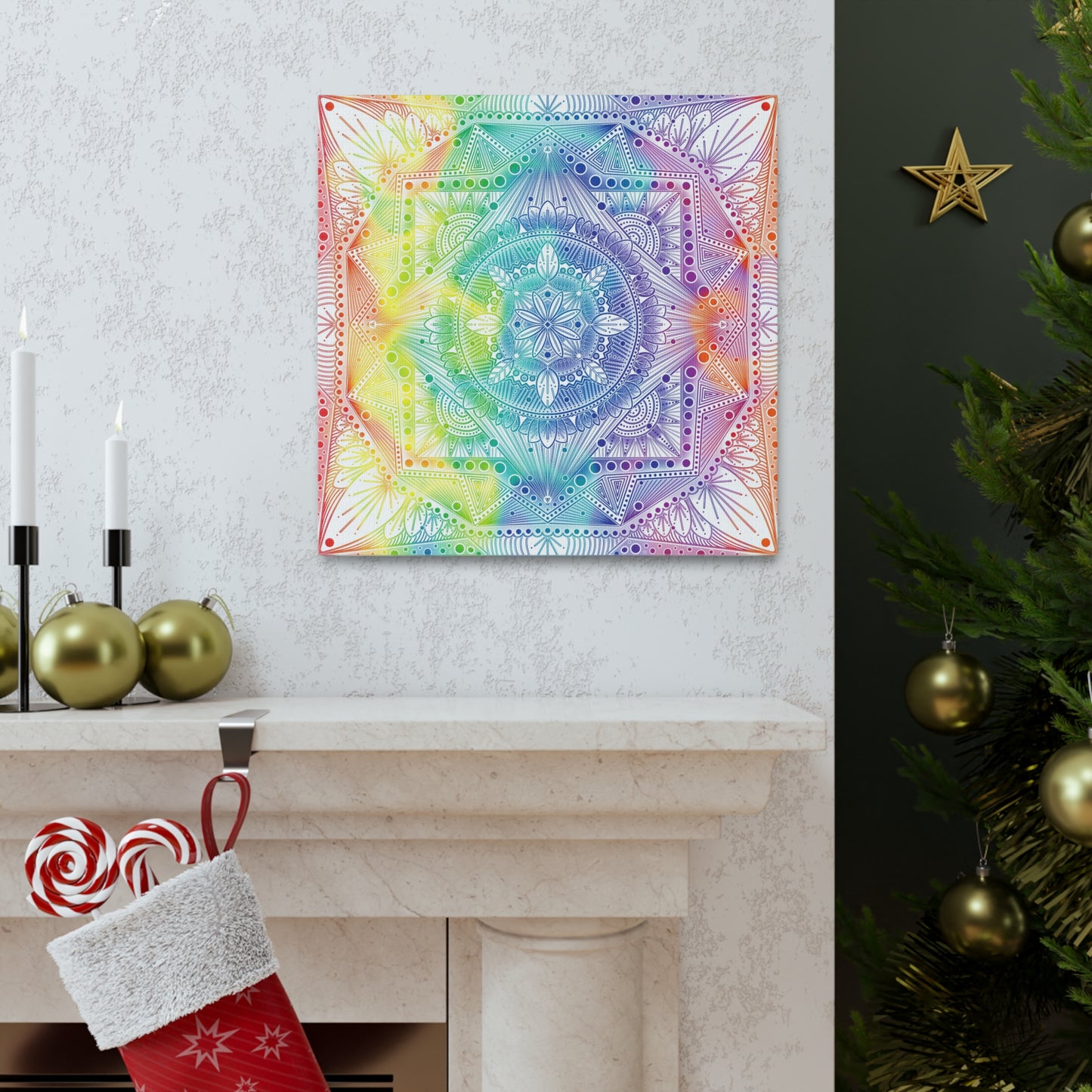 Canvas Wall Art, Rainbow Holographic Psychedelic Mandala by Anndria, Home Decor, Wall Decor, Art Print, Boho Wall Hanging, Hippie Wall