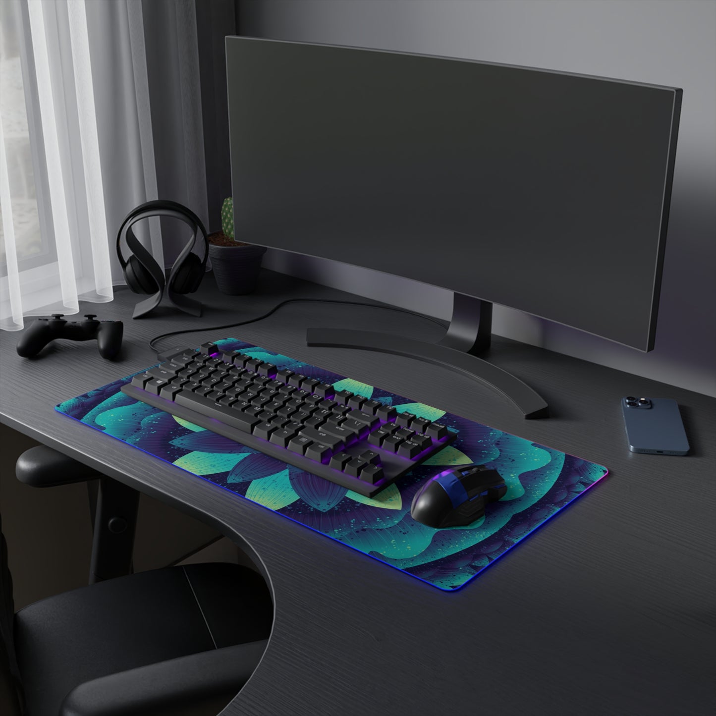 LED Gaming Mouse Pad - Cosmic Glow Artwork, Black Light Effect, Gamer Gift, Desk Decor, Office Supplies