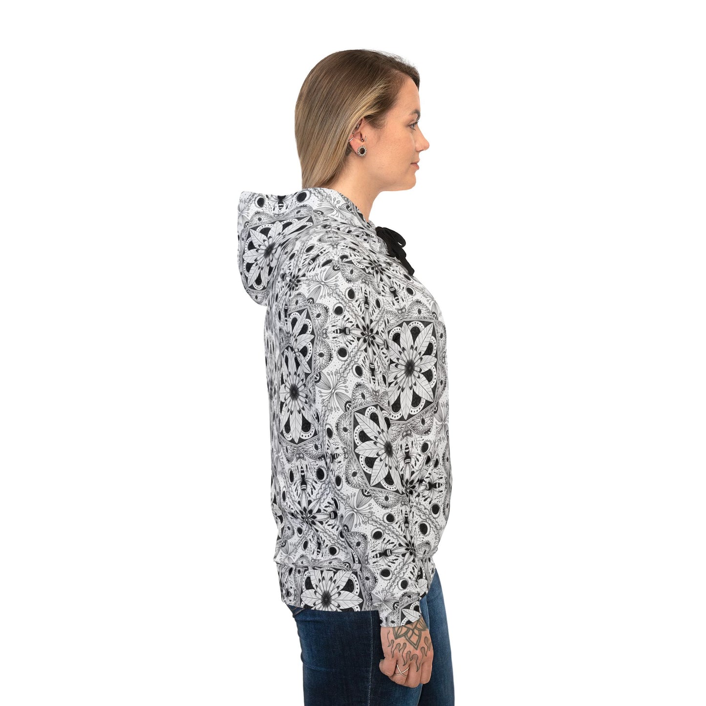 Stylish Black and White Floral Athletic Hoodie - Perfect for Casual Workouts and Everyday Wear