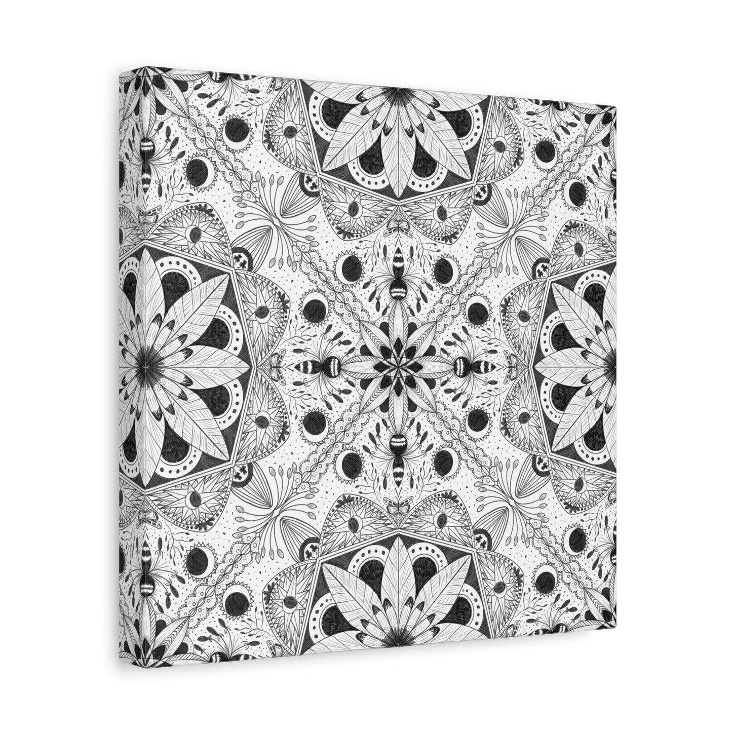 Black and White Floral Pattern Canvas Wall Art - Witchy Moth and Moons
