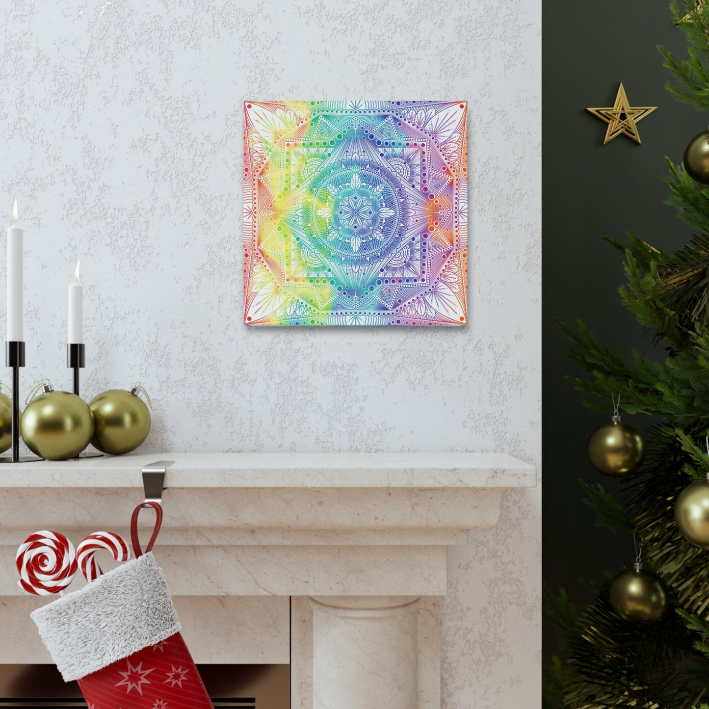 Canvas Wall Art, Rainbow Holographic Psychedelic Mandala by Anndria, Home Decor, Wall Decor, Art Print, Boho Wall Hanging, Hippie Wall