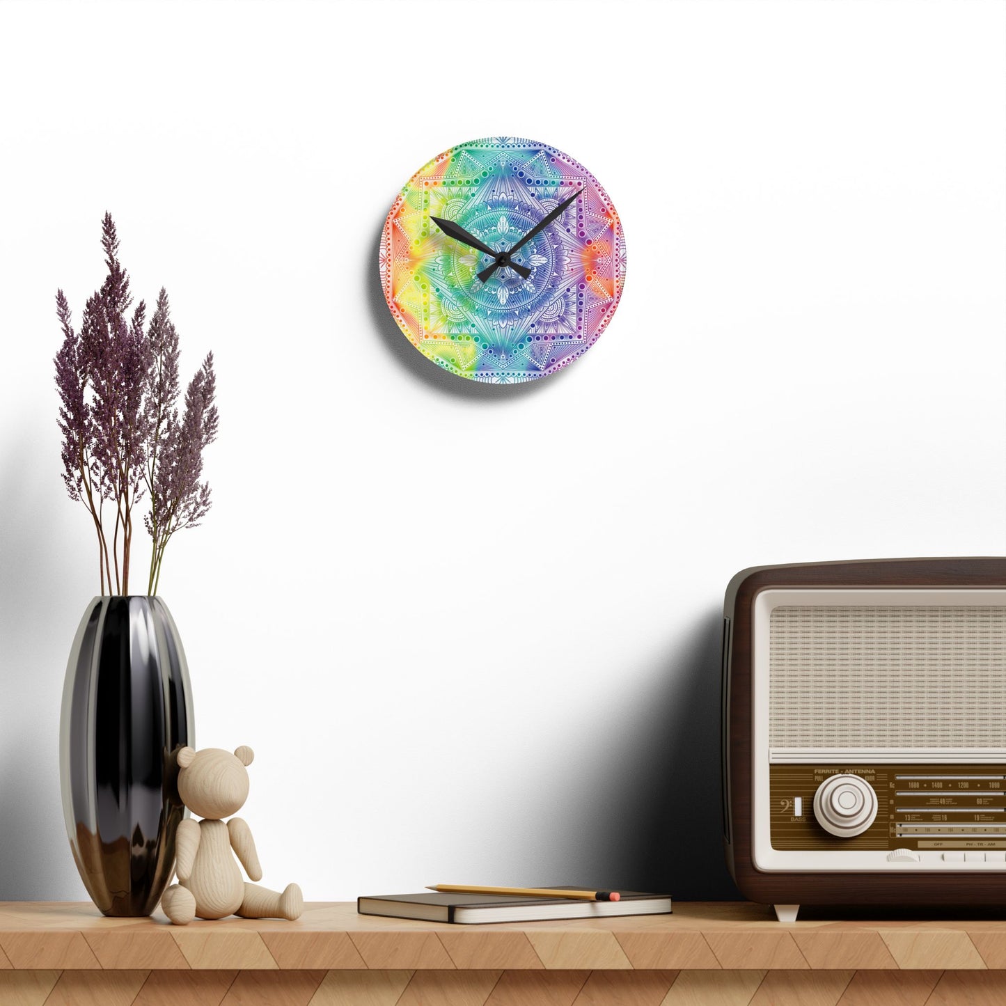 Mandala Wall Clock, Rainbow Holographic Acrylic Clock, Psychedelic Art, Colorful Home Decor, Unique Gift Idea, Anndria Design