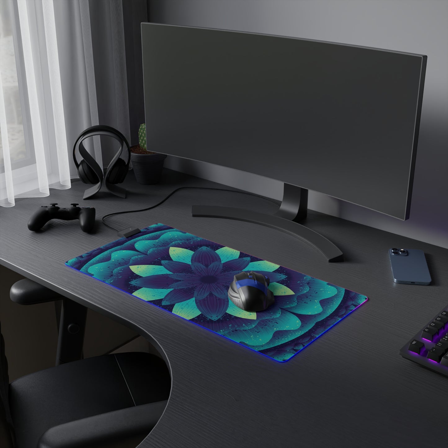 LED Gaming Mouse Pad - Cosmic Glow Artwork, Black Light Effect, Gamer Gift, Desk Decor, Office Supplies
