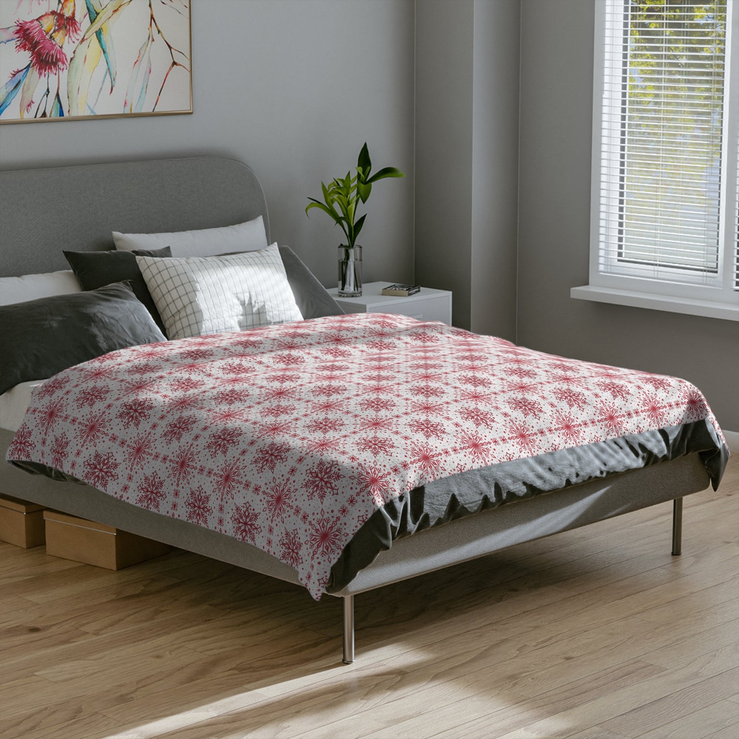 Velveteen Microfiber Blanket - Watercolor Snowflake Design by Anndria - Red and White