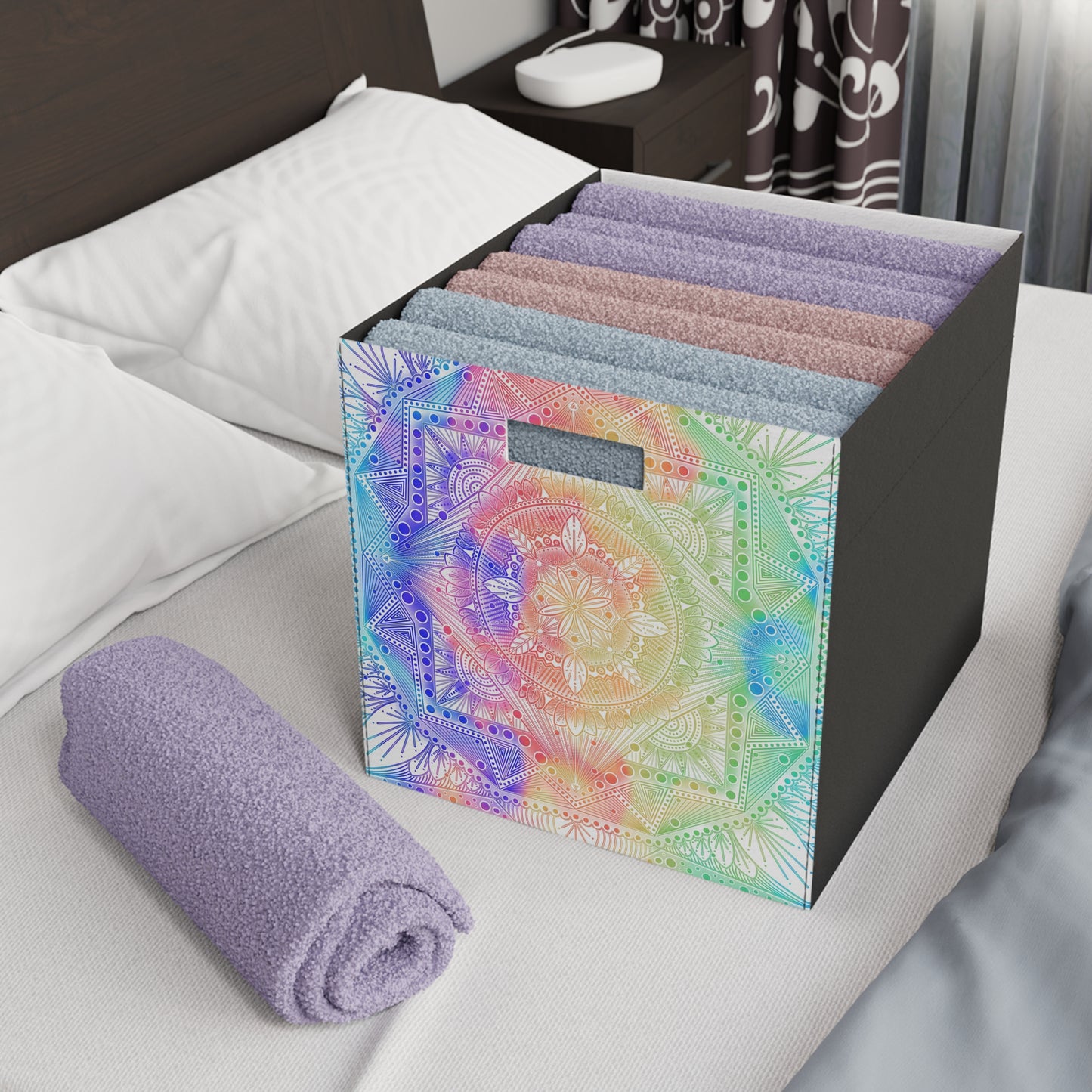 Felt Storage Box, Celestial Kaleidoscope Mandala Design, Custom Organizer, Container, Unique Hand Drawn Storage Bin, Anndria Artwork