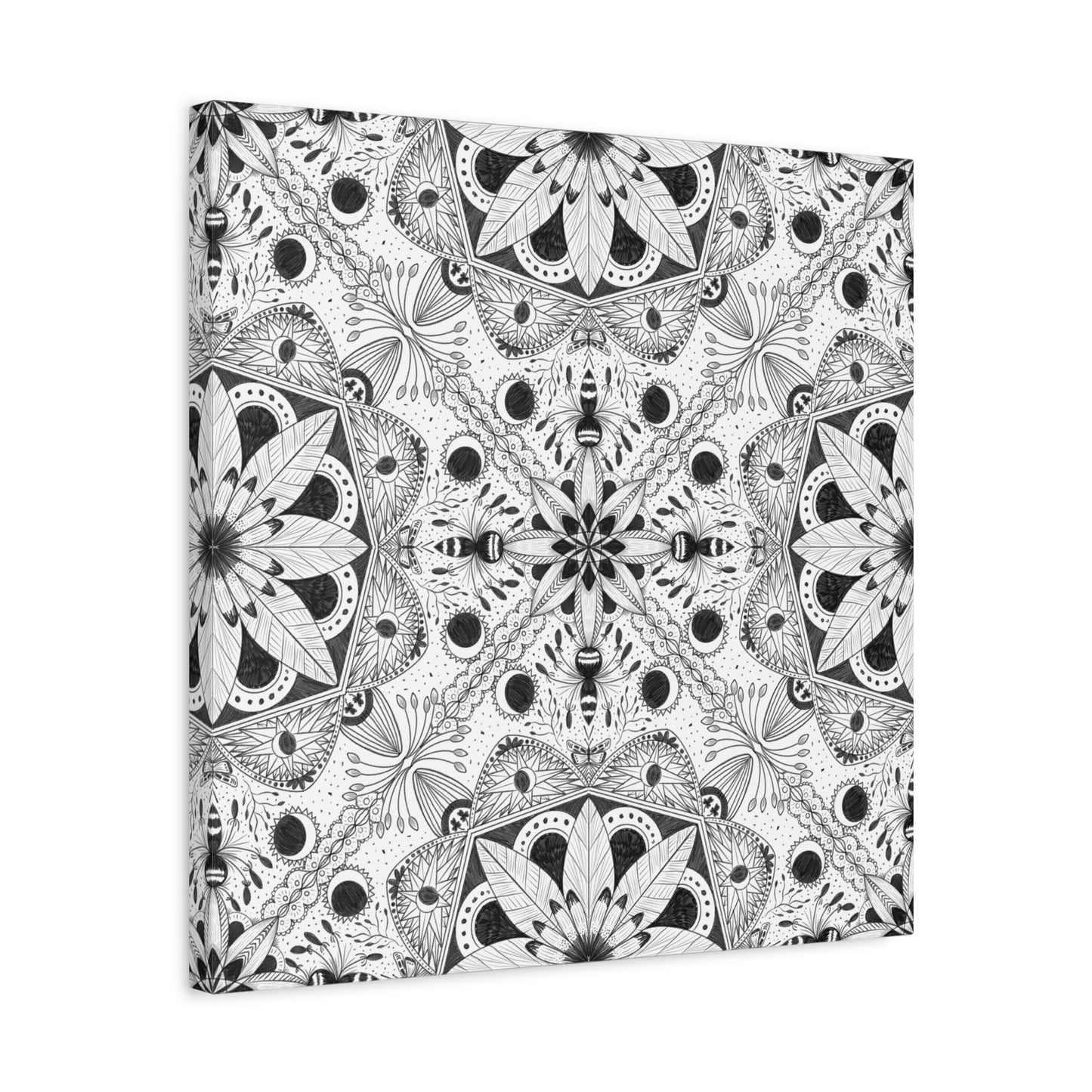 Black and White Floral Pattern Canvas Wall Art - Witchy Moth and Moons