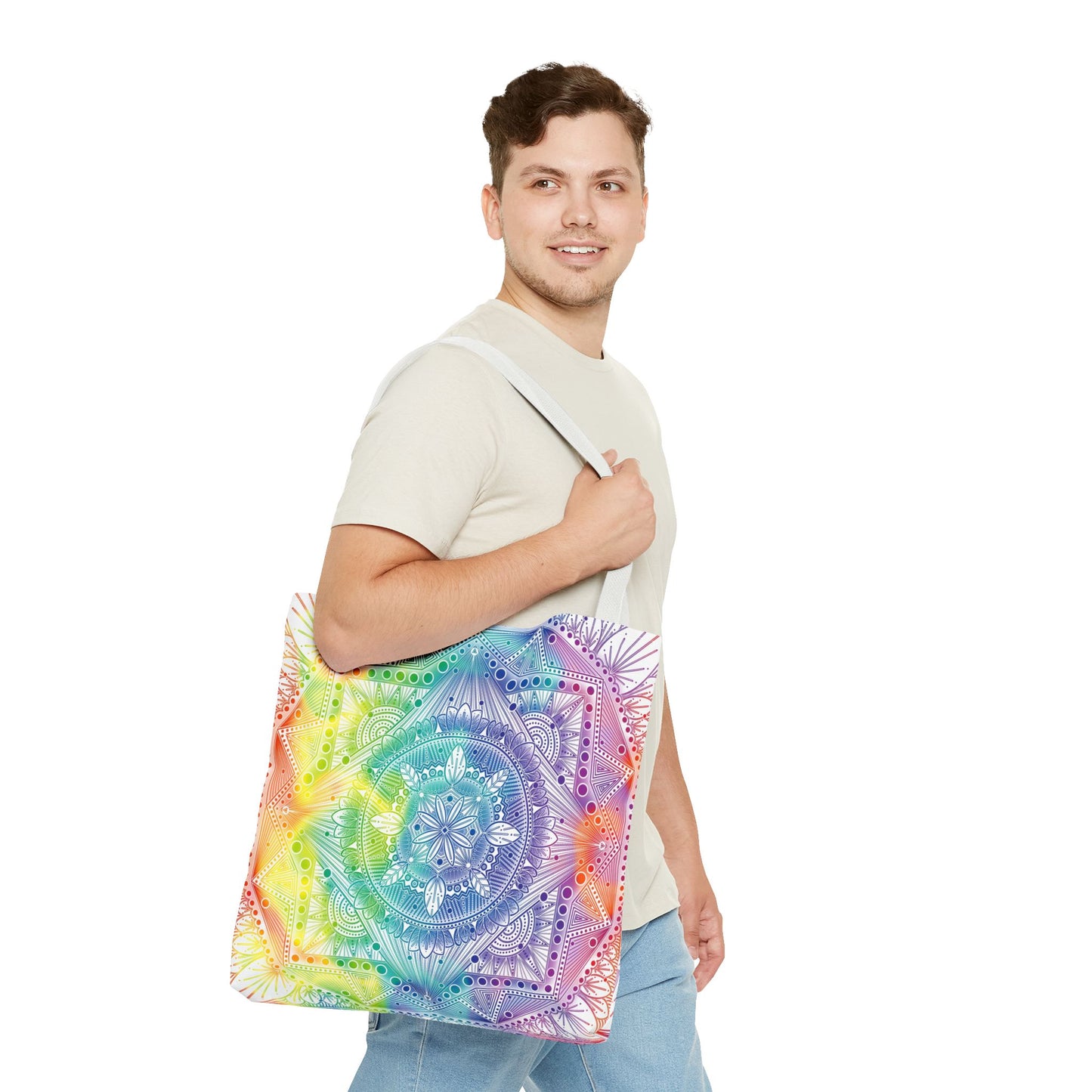 Holographic Mandala Tote Bag - Rainbow Custom Design by Anndria, Unique Shoulder Handbag for Women, Colorful Beach Carryall, Boho Shopping
