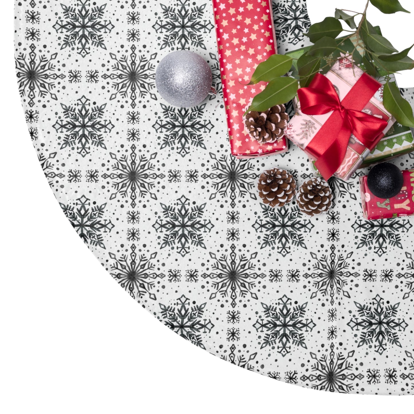 Tree Skirt - Watercolor Snowflake design by Anndria - Black and White