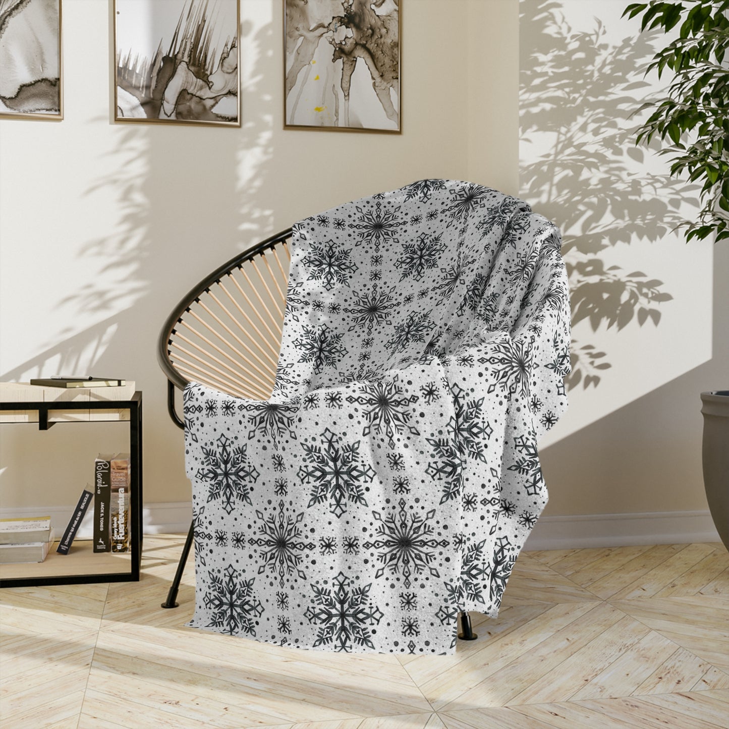Velveteen Microfiber Blanket - Watercolor Snowflake Design by Anndria - Black and White