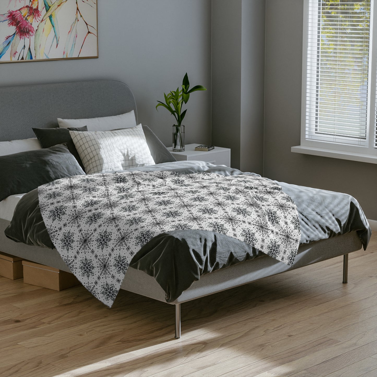 Velveteen Microfiber Blanket - Watercolor Snowflake Design by Anndria - Black and White