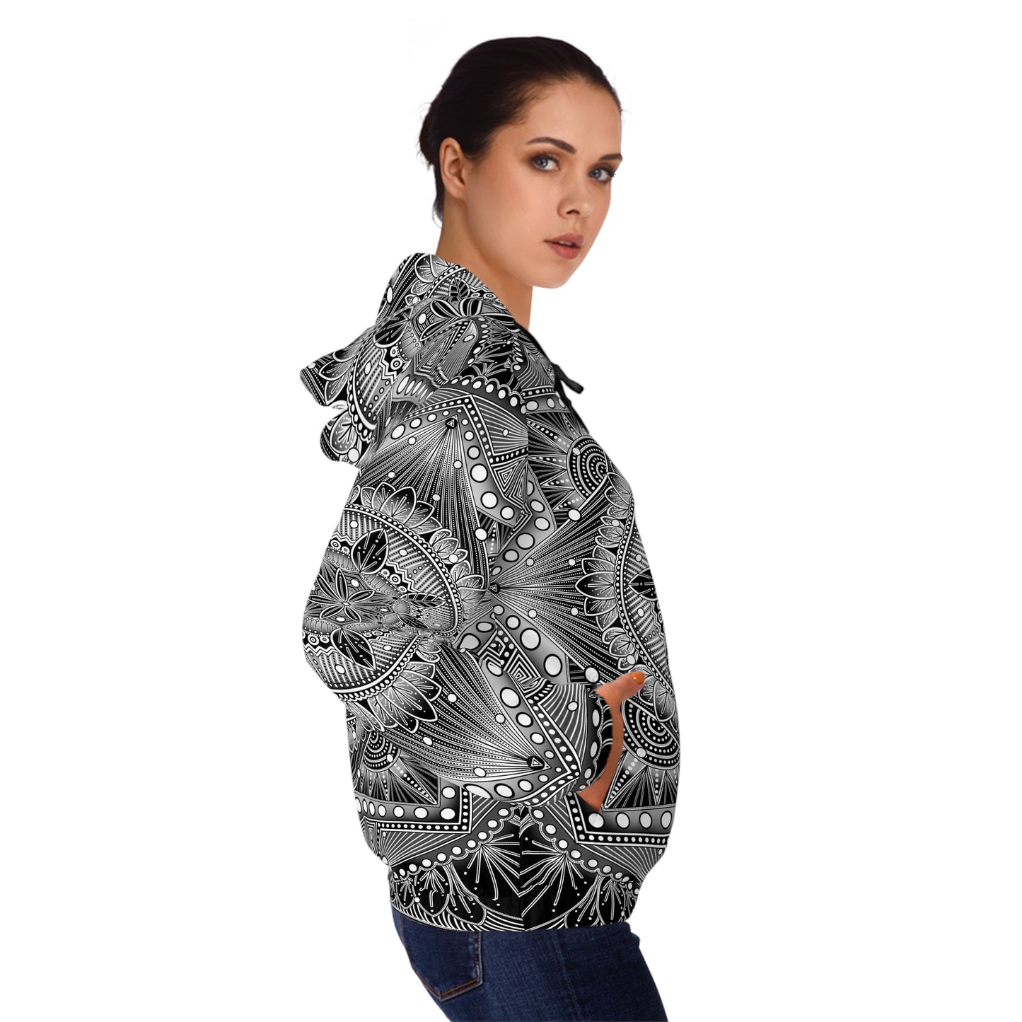 Monochrome Mandala Women's Full-Zip Hoodie, Anndria Artwork, Black and White Hooded Sweatshirt, Zip-Up Jacket, Spiritual Chic Apparel,