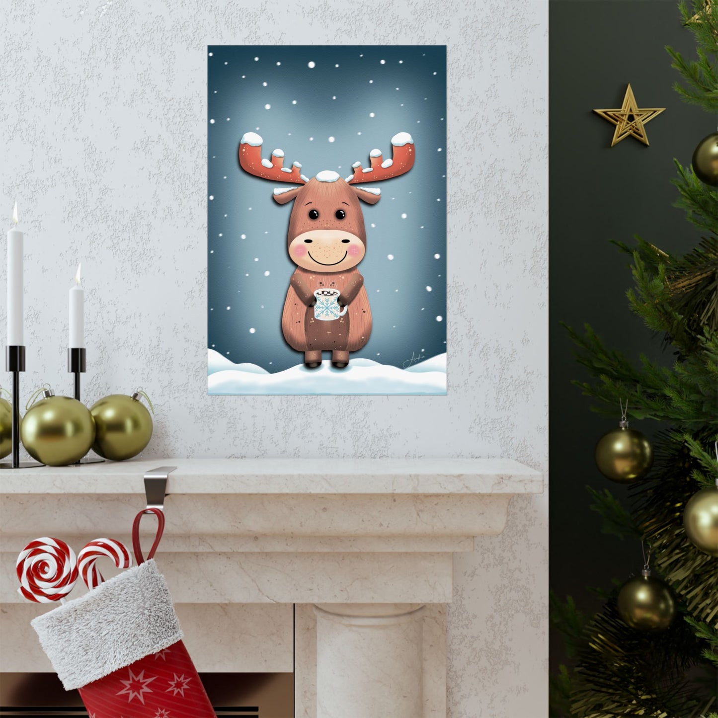 Moose Poster, Rustic Home Decor, Winter Wall Art, Frosty Sips Print, Christmas Gift, Animal Art Print, Wildlife Art, Vertical Poster