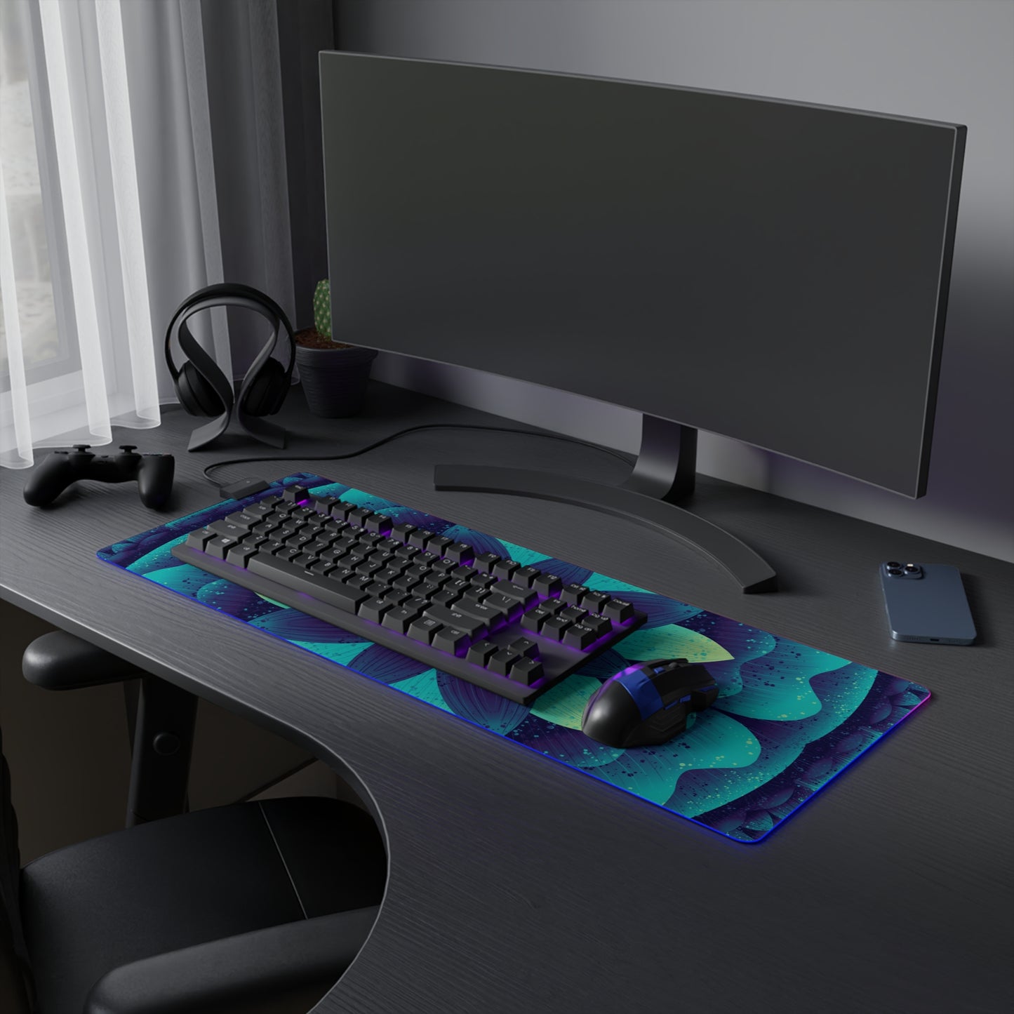 LED Gaming Mouse Pad - Cosmic Glow Artwork, Black Light Effect, Gamer Gift, Desk Decor, Office Supplies