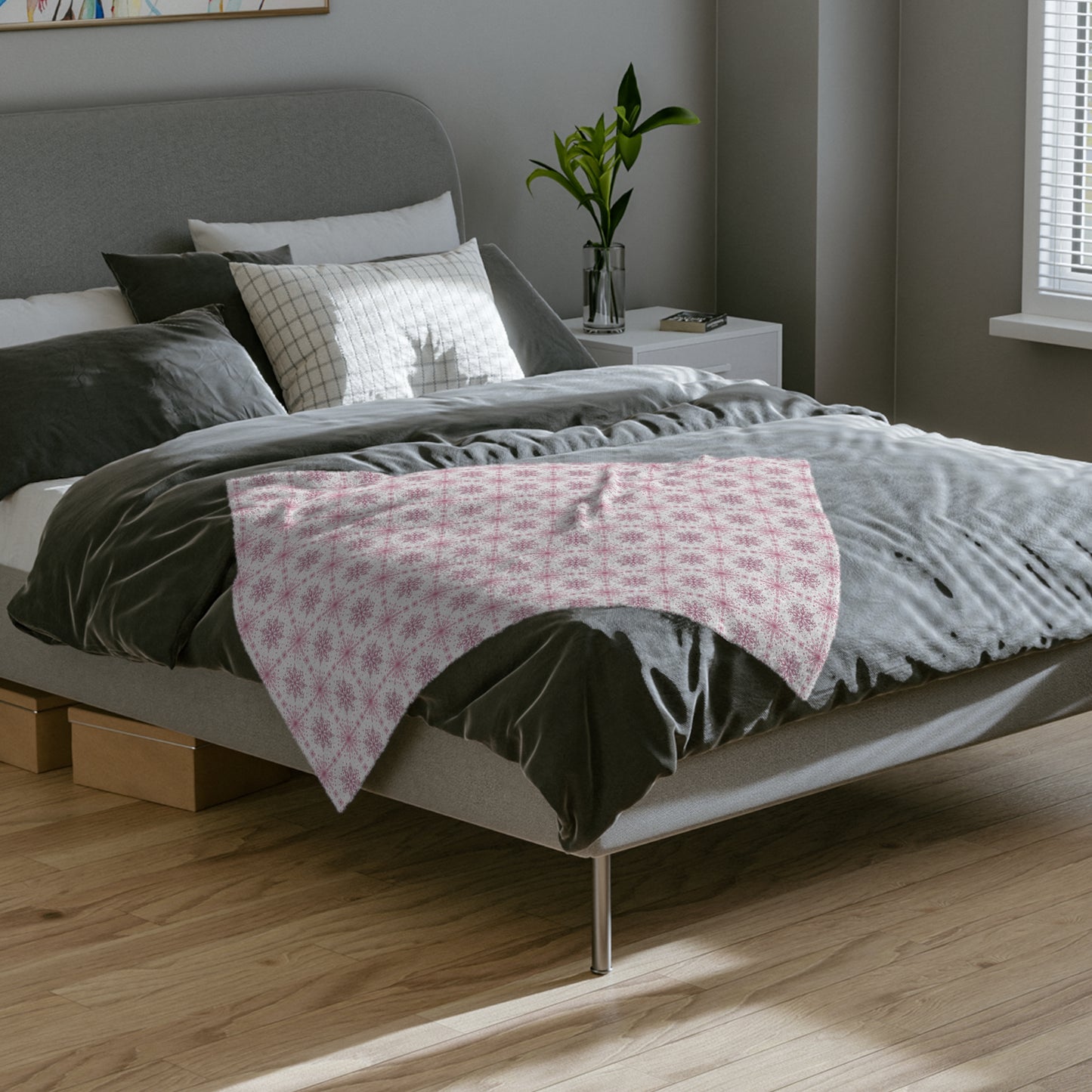 Velveteen Microfiber Blanket - Watercolor Snowflake Design by Anndria - Pink and White