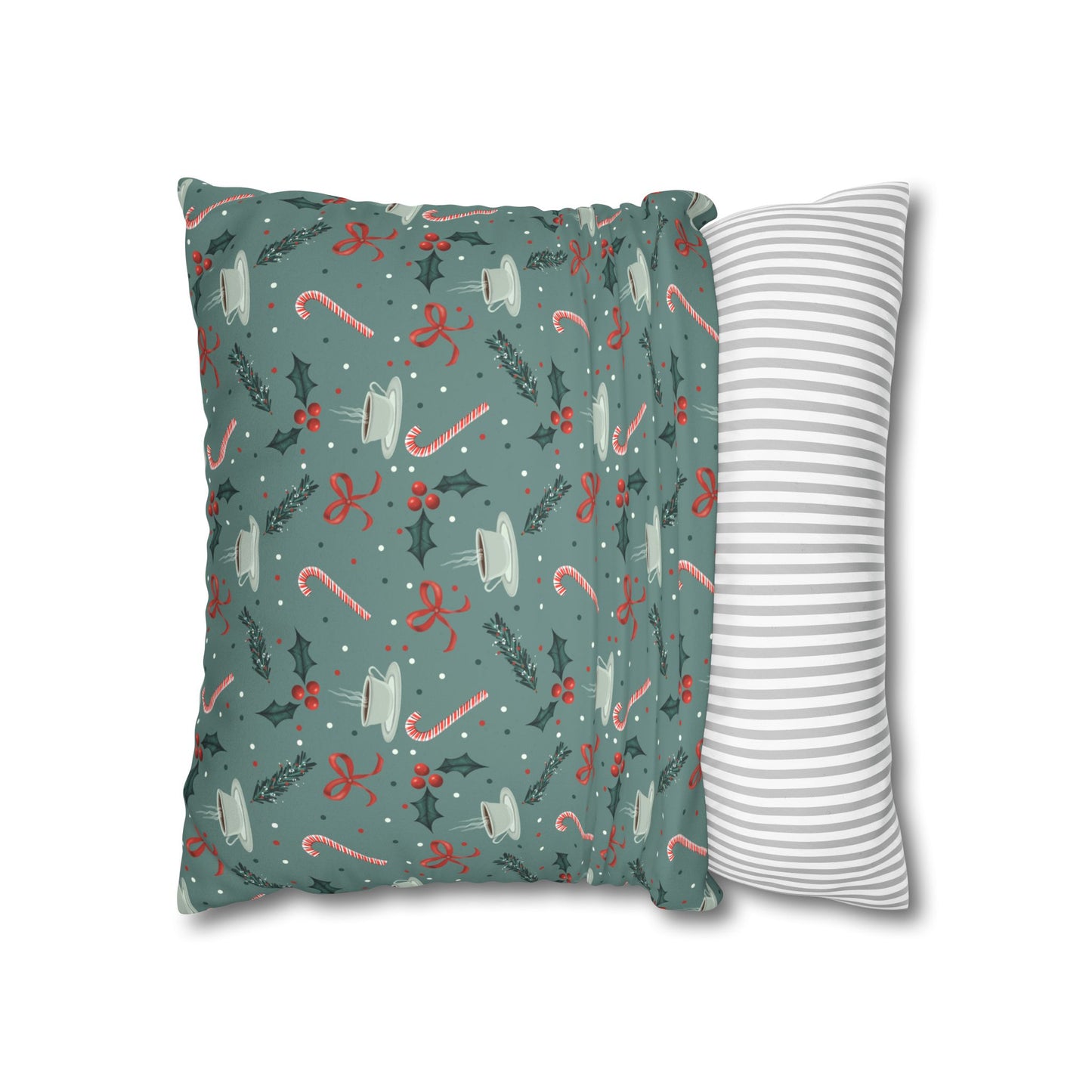 Throw Pillow Christmas Candy Canes Pine Sprigs Coffee Holly Bows Faux Suede - Cool Green