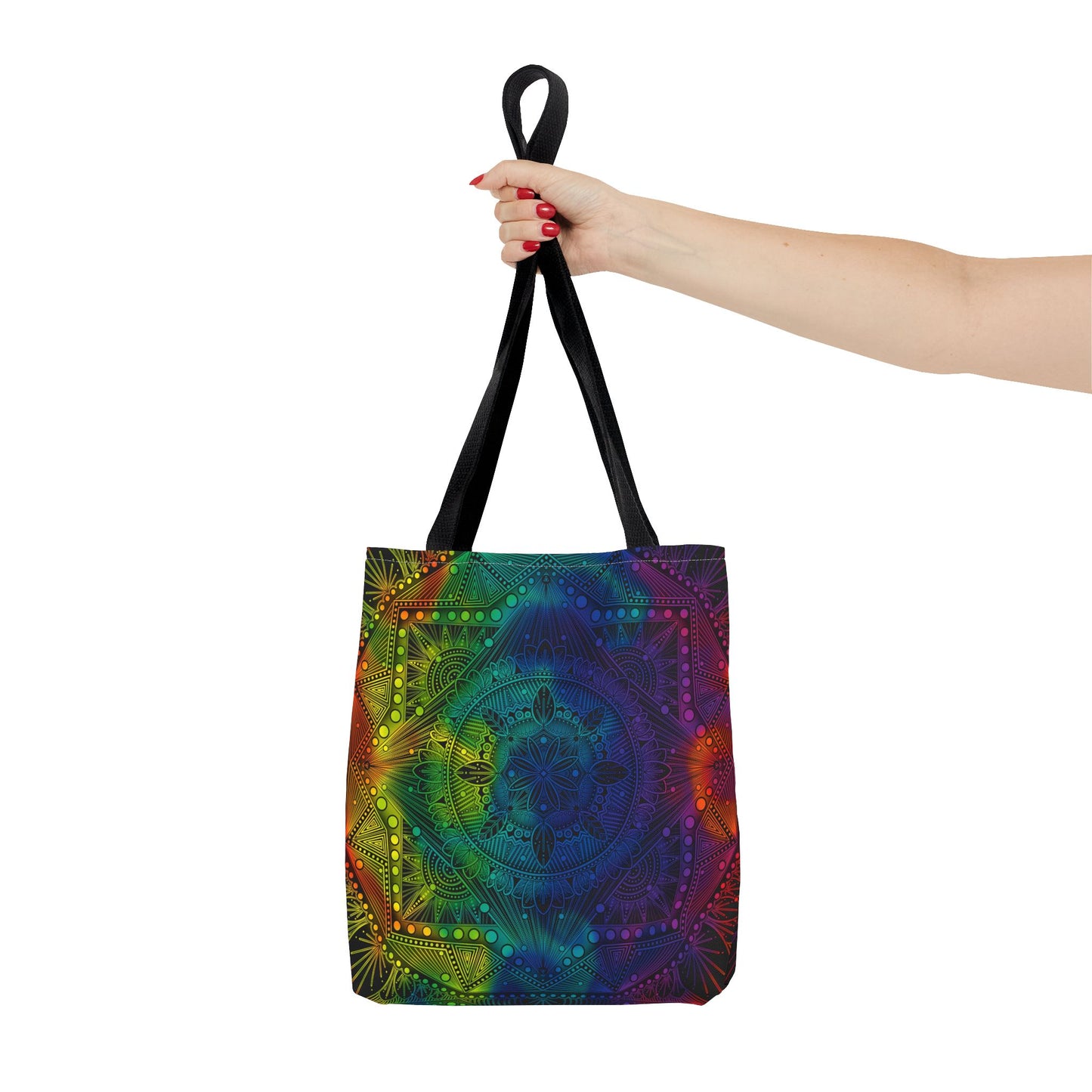 Holographic Mandala Tote Bag - Rainbow Custom Design by Anndria, Unique Shoulder Handbag for Women, Colorful Beach Carryall, Boho Shopping