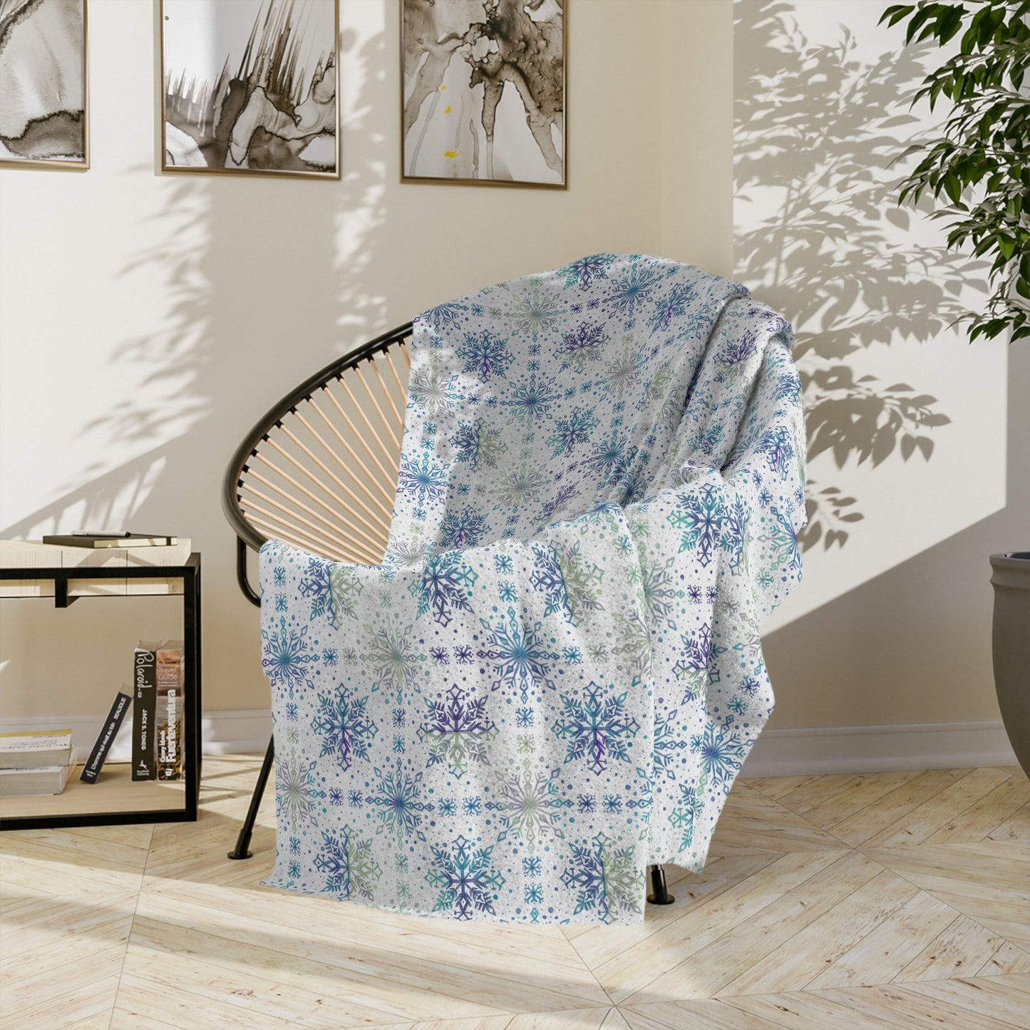 Velveteen Microfiber Blanket - Watercolor Snowflake Design by Anndria - Frosty teal, purple and green