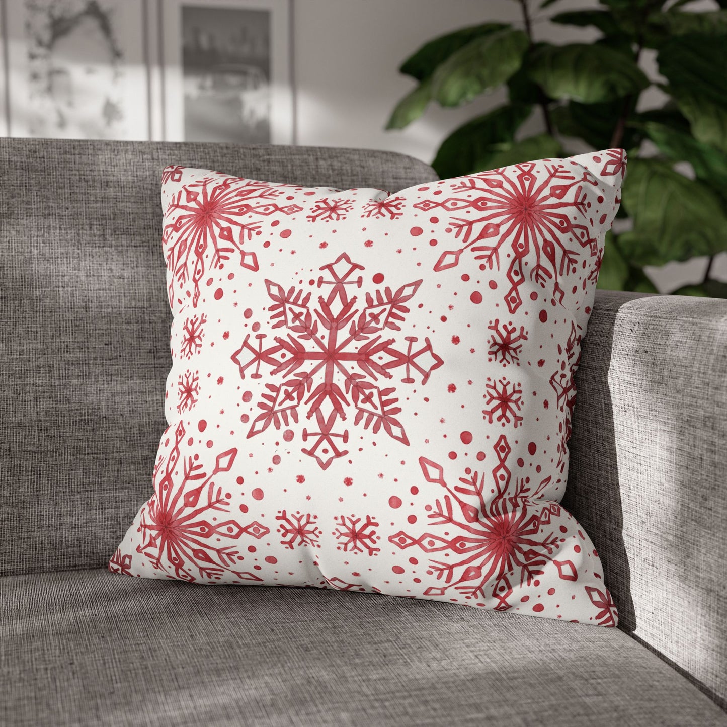 Pillowcase Watercolor Snowflake Design - Red and White