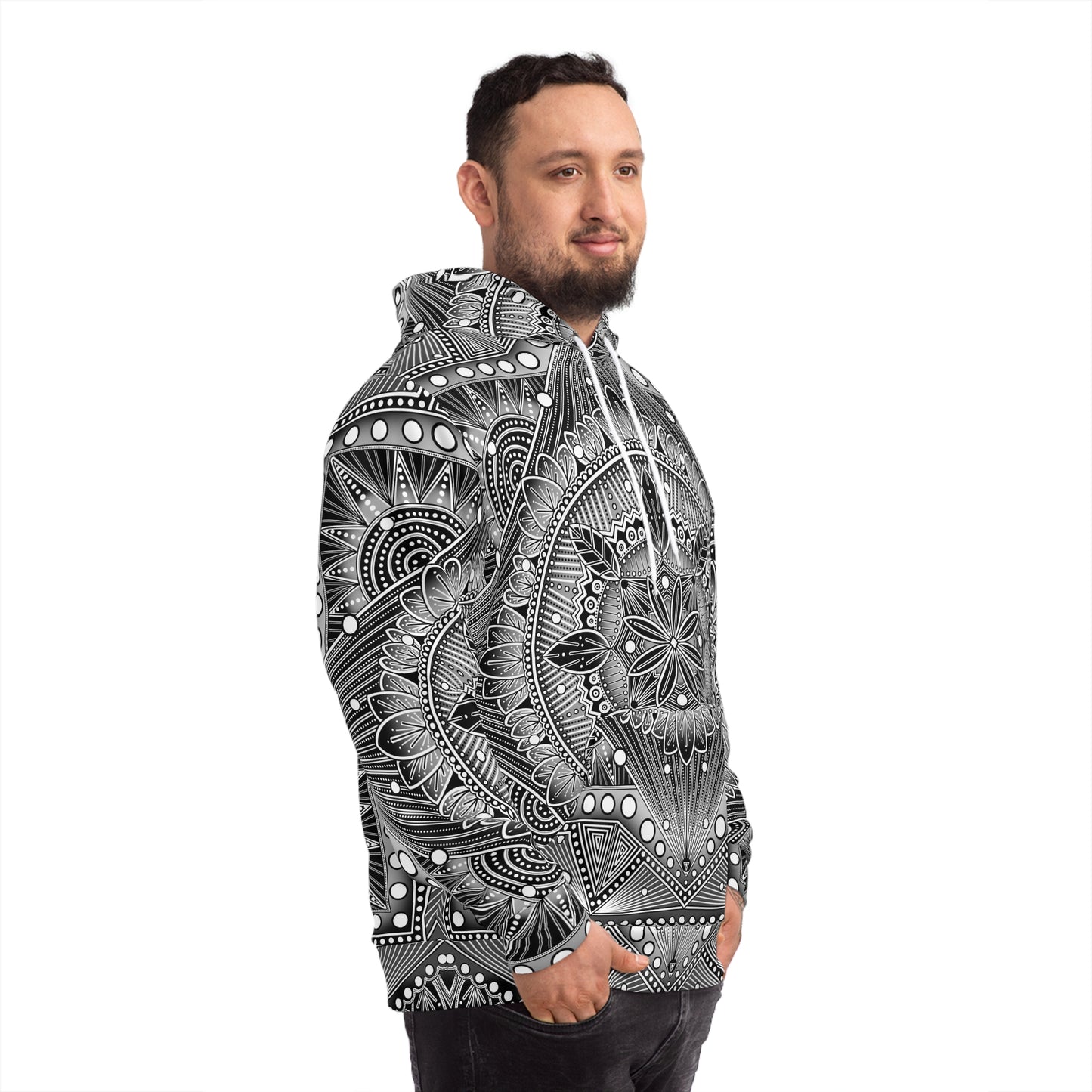 Mandala Fashion Hoodie, Hand-Drawn Black and White Artwork, Anndria Design, Boho Chic Sweatshirt, Unique Hooded Top, Trendy Pullover, Cozy
