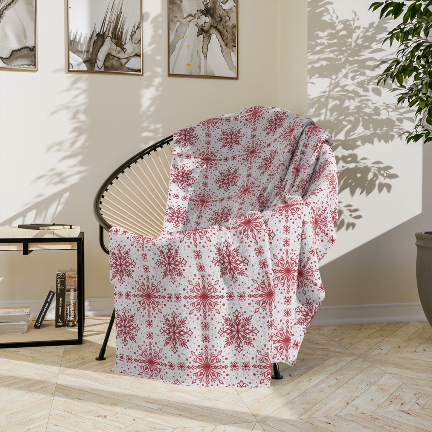 Velveteen Microfiber Blanket - Watercolor Snowflake Design by Anndria - Red and White
