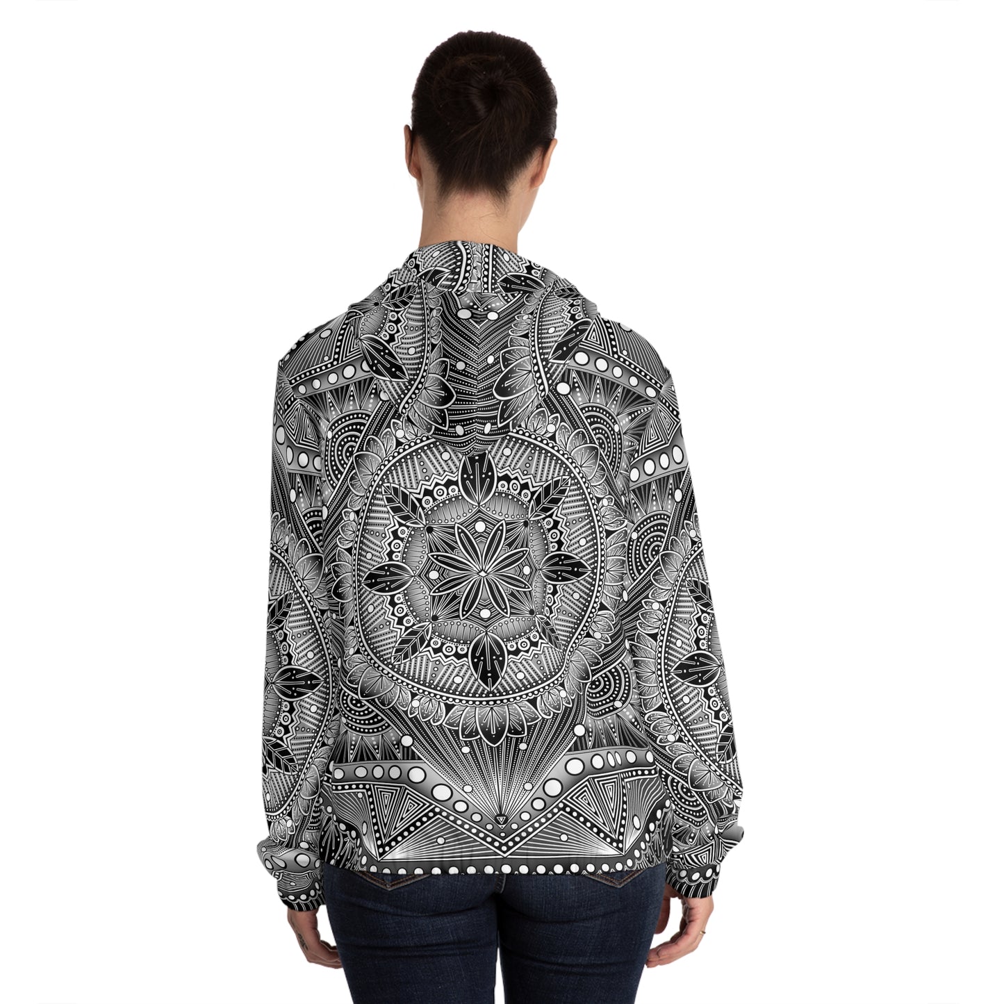 Monochrome Mandala Women's Full-Zip Hoodie, Anndria Artwork, Black and White Hooded Sweatshirt, Zip-Up Jacket, Spiritual Chic Apparel,
