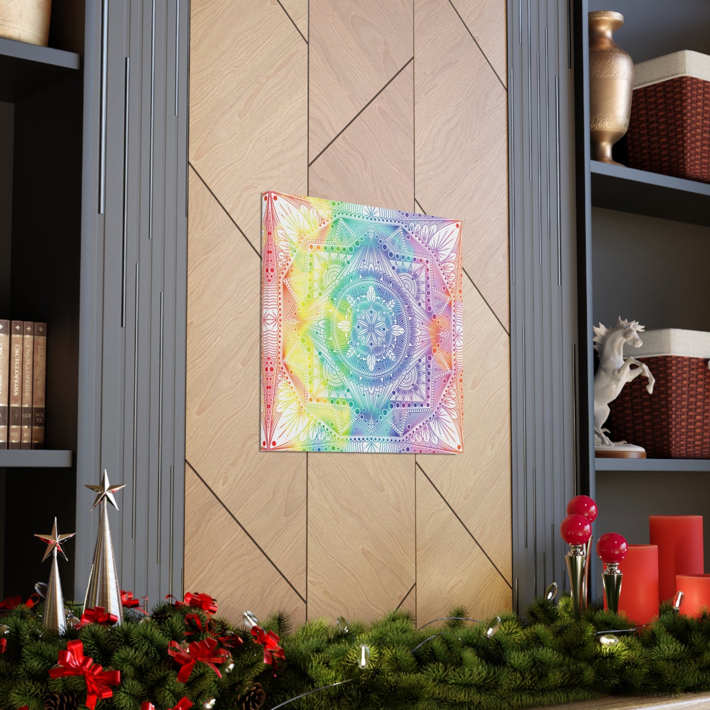 Canvas Wall Art, Rainbow Holographic Psychedelic Mandala by Anndria, Home Decor, Wall Decor, Art Print, Boho Wall Hanging, Hippie Wall