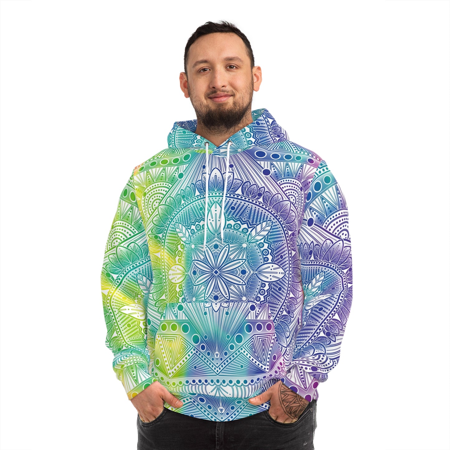 Mandala Hoodie, Holographic Rainbow Psychedelic Artwork by Anndria, Festival Fashion, Colorful Sweatshirt, Boho Clothing, Trippy Hooded Top,