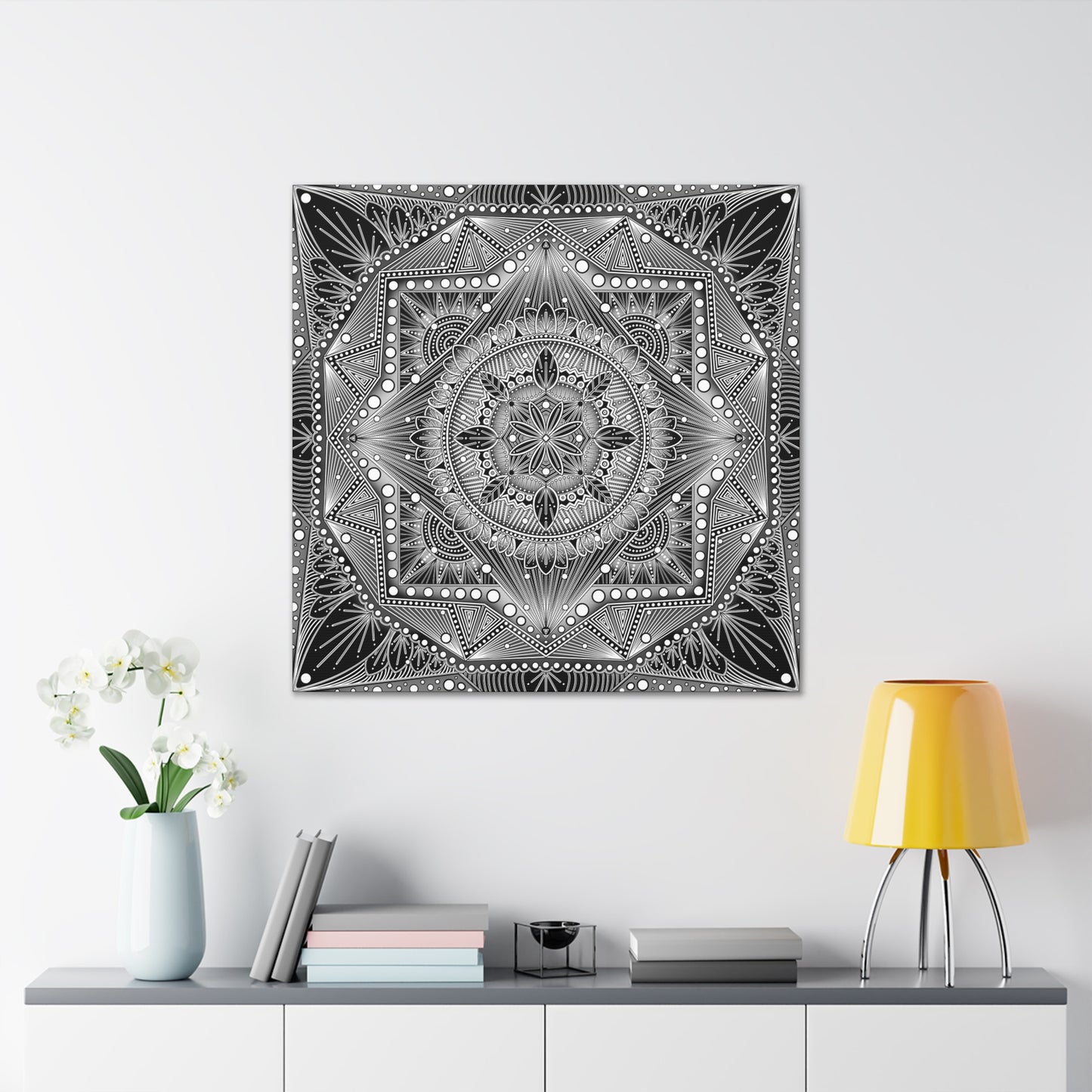 Square Canvas Print, Black and White Mandala Artwork by Anndria, Gallery Wall Decor, Minimalist Home Decoration, Zen Meditation Gift,
