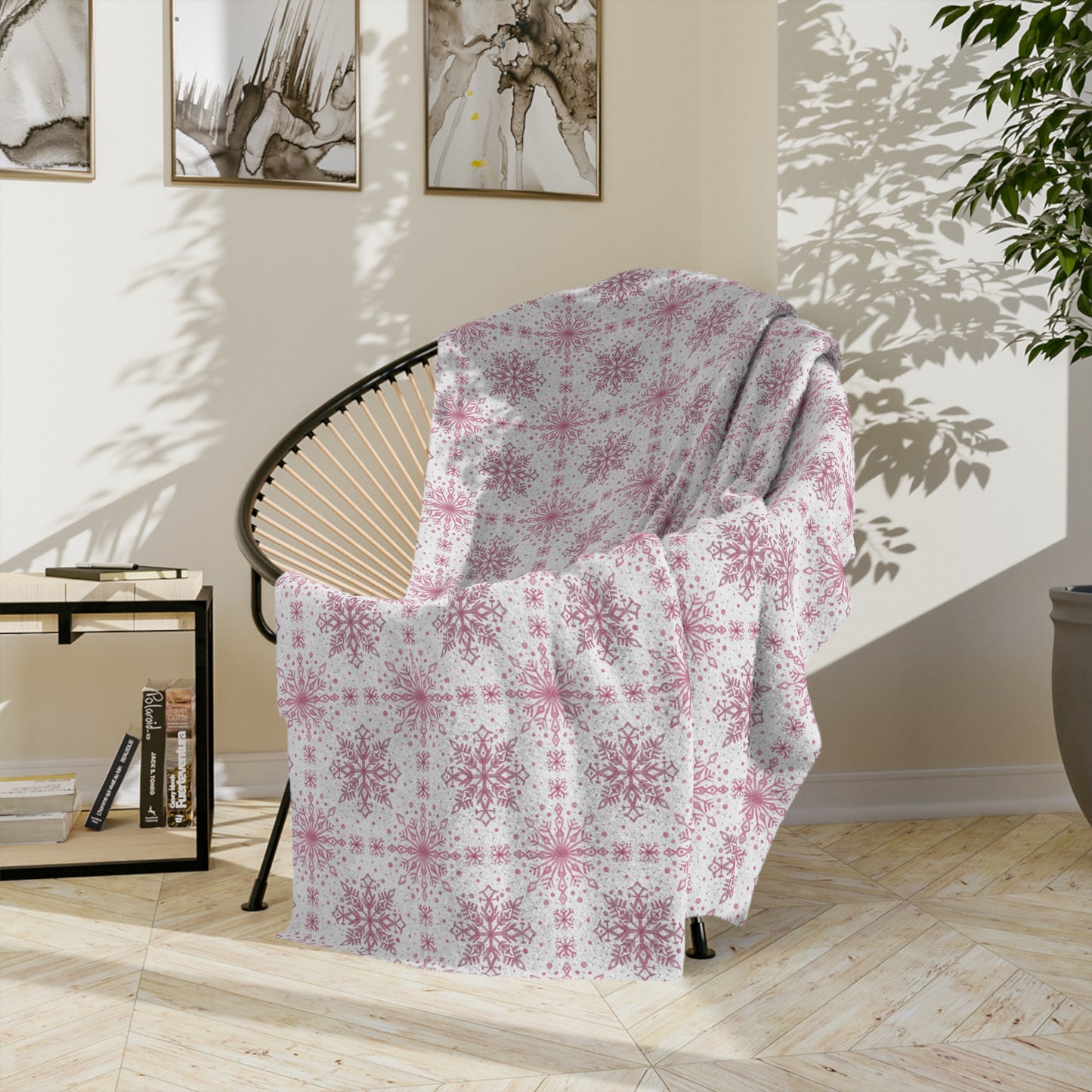 Velveteen Microfiber Blanket - Watercolor Snowflake Design by Anndria - Pink and White