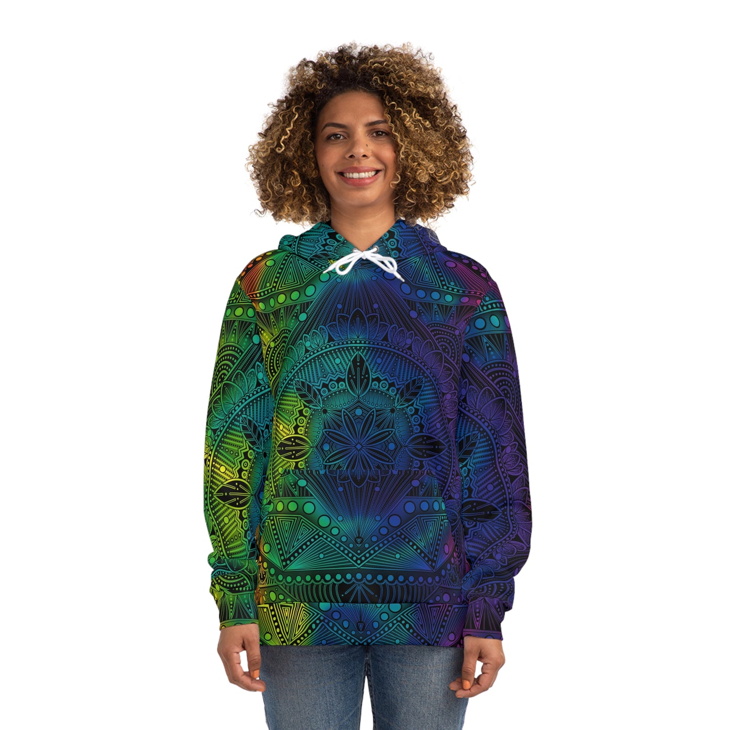 Mandala Hoodie, Holographic Rainbow Psychedelic Artwork by Anndria, Festival Fashion, Colorful Sweatshirt, Boho Clothing, Trippy Hooded Top,