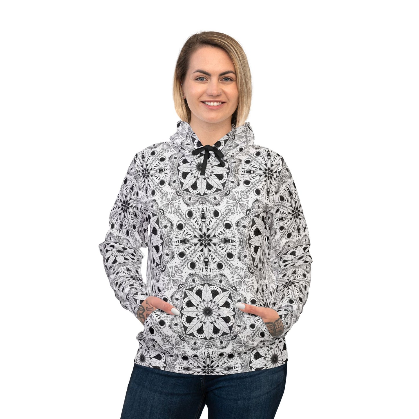 Stylish Black and White Floral Athletic Hoodie - Perfect for Casual Workouts and Everyday Wear