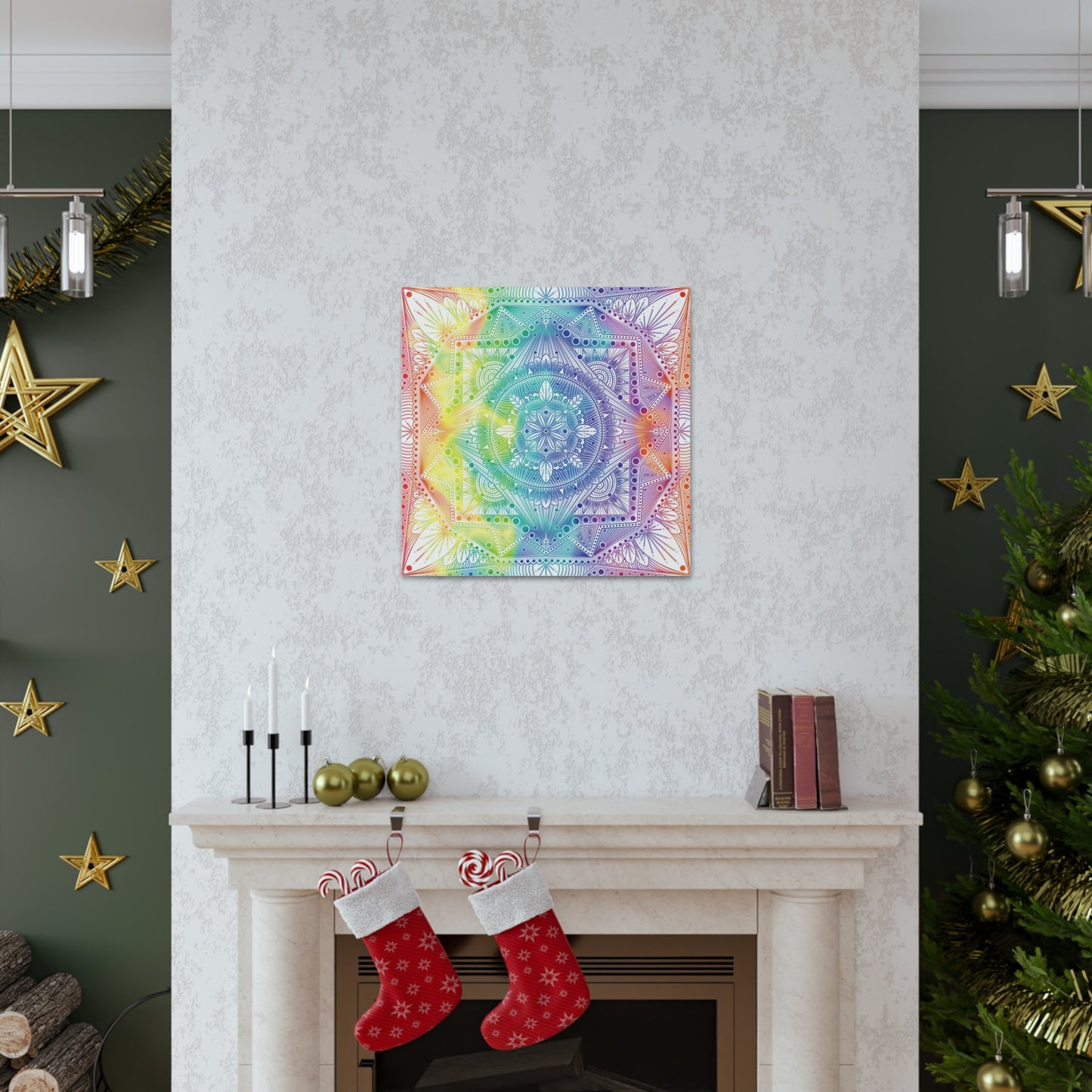 Canvas Wall Art, Rainbow Holographic Psychedelic Mandala by Anndria, Home Decor, Wall Decor, Art Print, Boho Wall Hanging, Hippie Wall