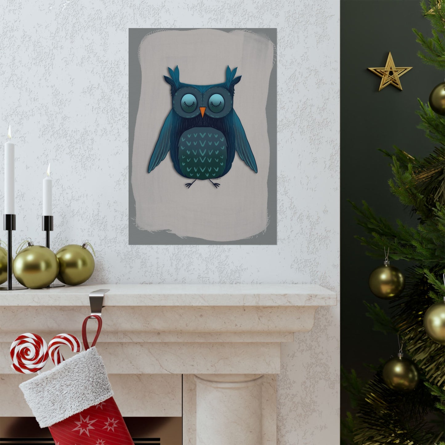 Vertical Poster, Blue Owl Art Print, Matte Finish Wall Decor, Anndria Design, Bird Lover Gift, Nature Theme Decoration