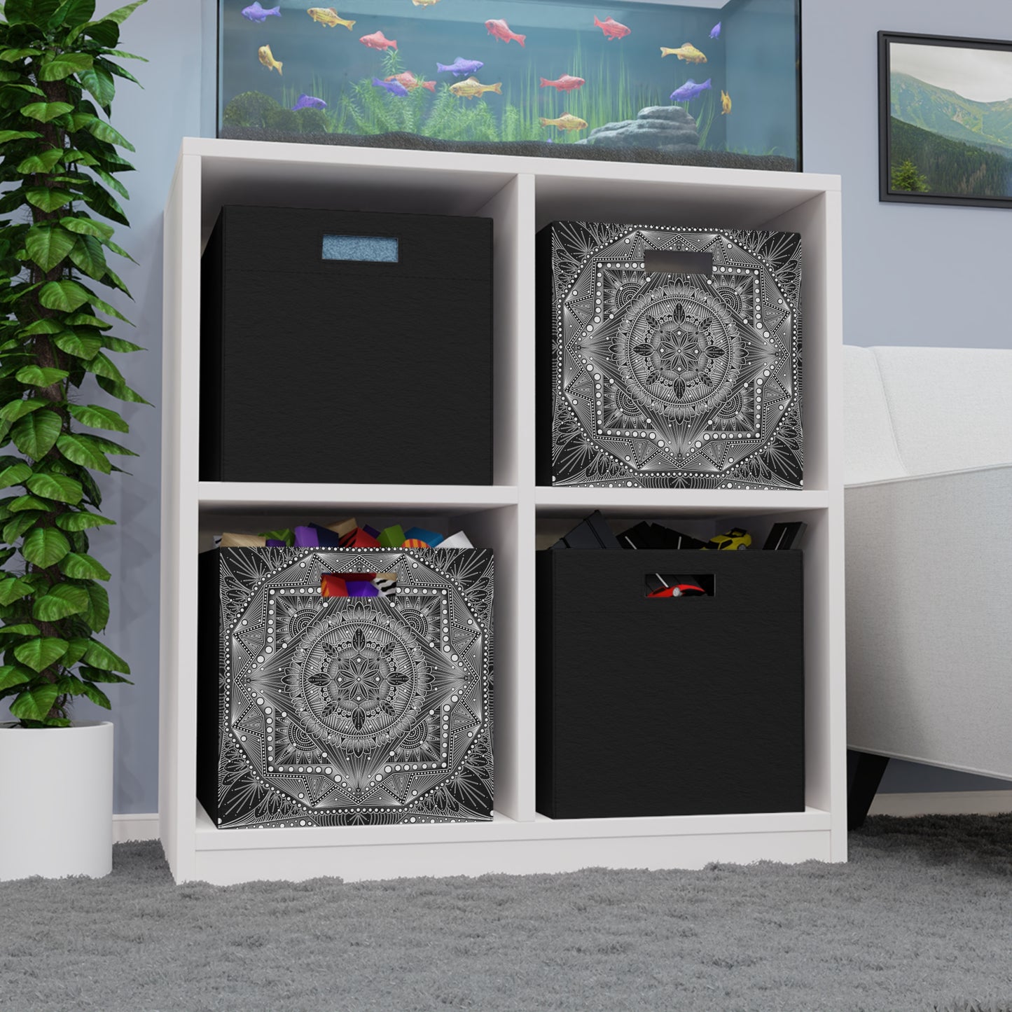 Felt Storage Box, Monochrome Mandala Design, Custom Organizer, Black and White Container, Unique Hand Drawn Storage Bin, Anndria Artwork