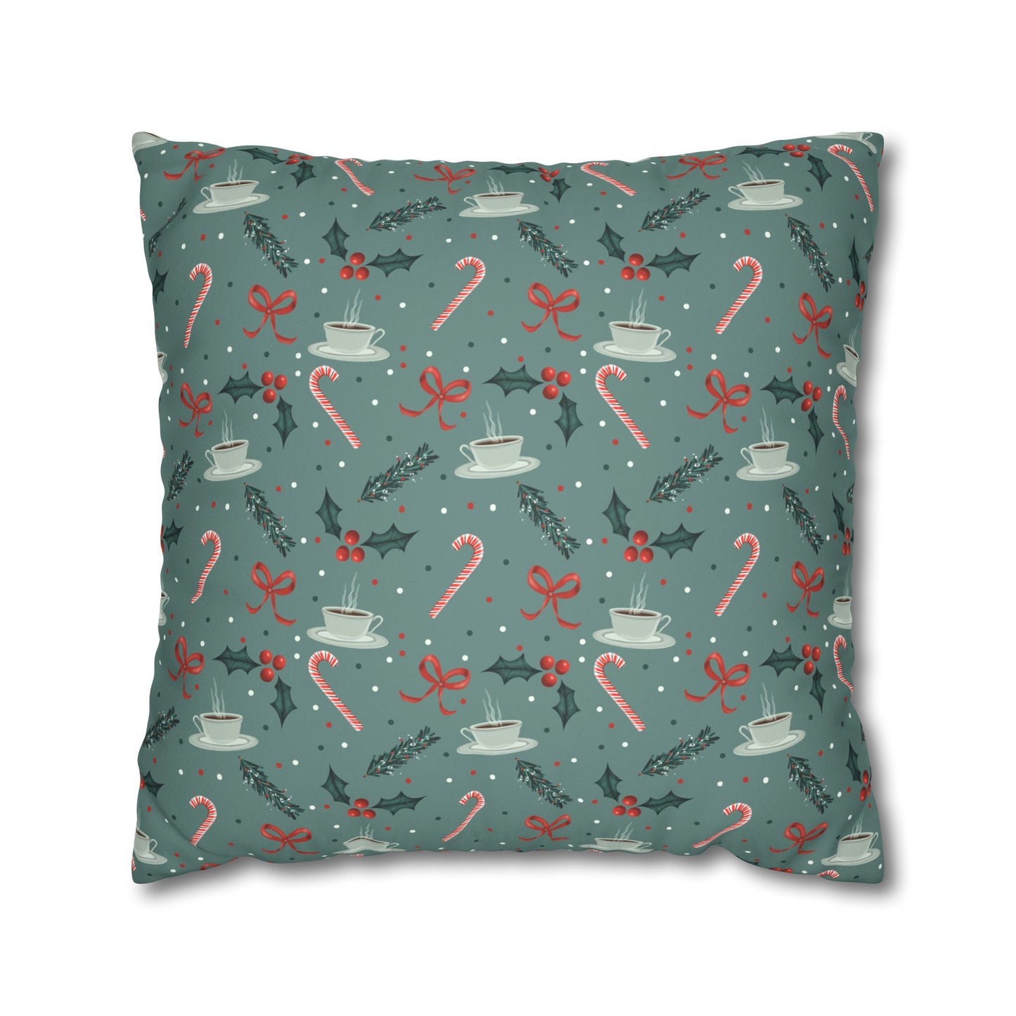 Throw Pillow Christmas Candy Canes Pine Sprigs Coffee Holly Bows Faux Suede - Cool Green