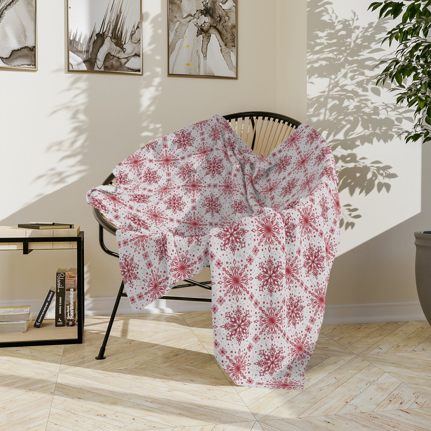 Velveteen Microfiber Blanket - Watercolor Snowflake Design by Anndria - Red and White