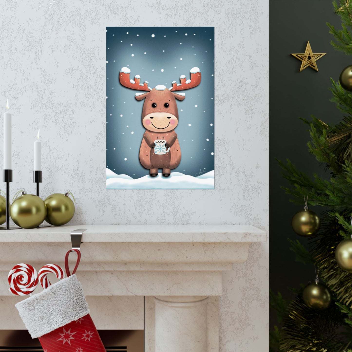 Moose Poster, Rustic Home Decor, Winter Wall Art, Frosty Sips Print, Christmas Gift, Animal Art Print, Wildlife Art, Vertical Poster