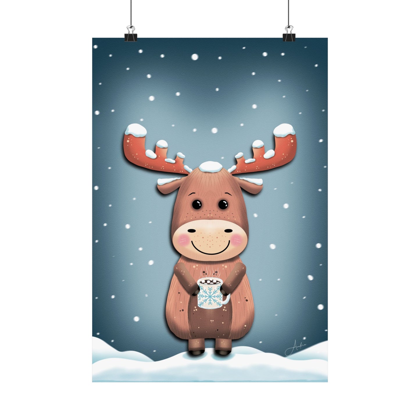 Moose Poster, Rustic Home Decor, Winter Wall Art, Frosty Sips Print, Christmas Gift, Animal Art Print, Wildlife Art, Vertical Poster