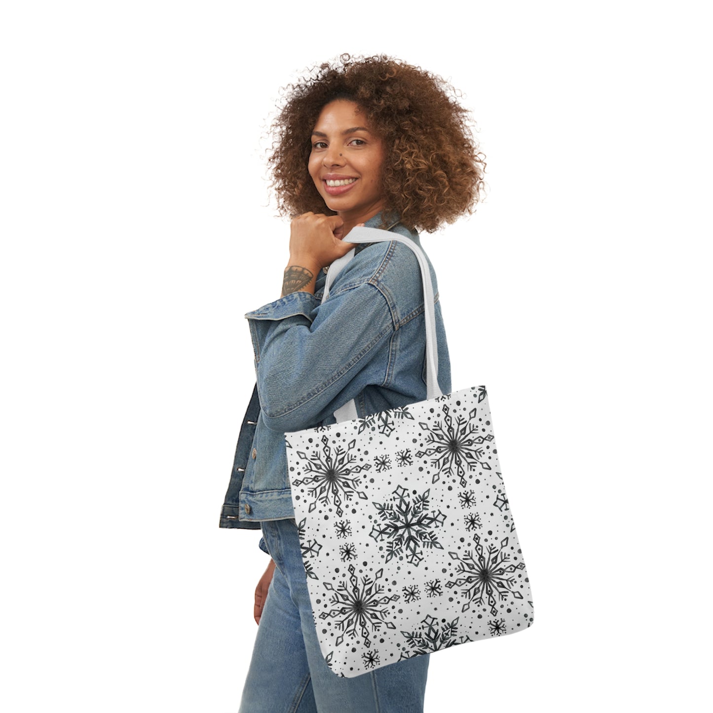 Canvas Tote Bag, Watercolor Snowflake Design - Black and White