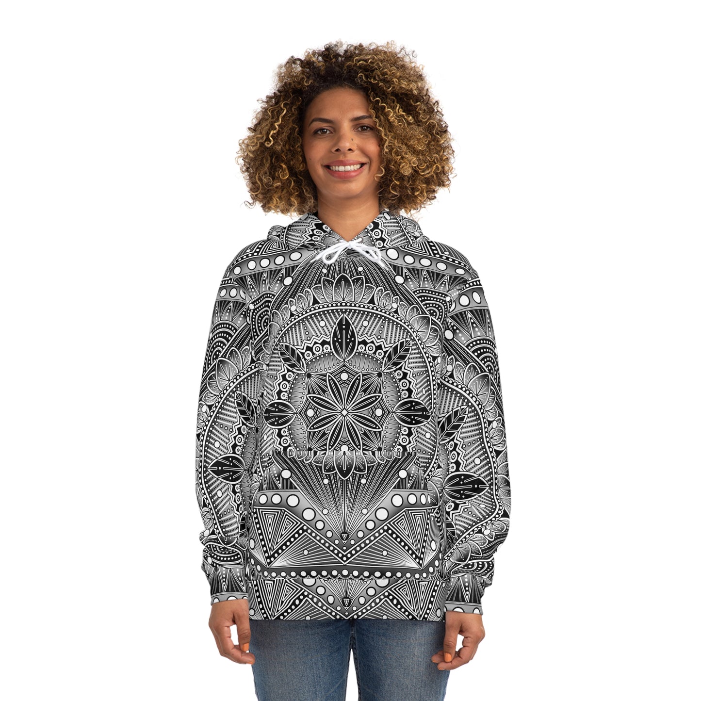 Mandala Fashion Hoodie, Hand-Drawn Black and White Artwork, Anndria Design, Boho Chic Sweatshirt, Unique Hooded Top, Trendy Pullover, Cozy